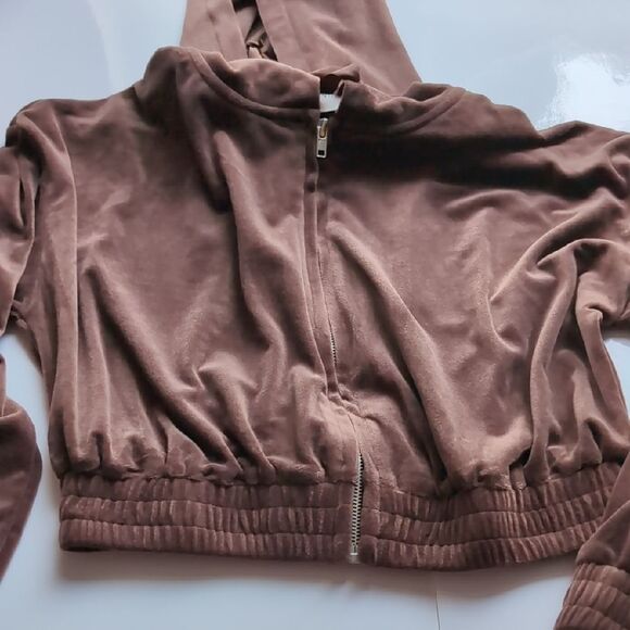 NWT Coffee Brown Velour Velvet Cropped Hoodie M Relaxed Fit - Picture 3 of 16